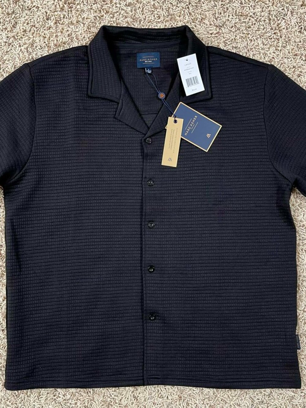 Marc Asher Men’s Texture Short Sleeve Camp Collar Shirt Black, Size Large (New)